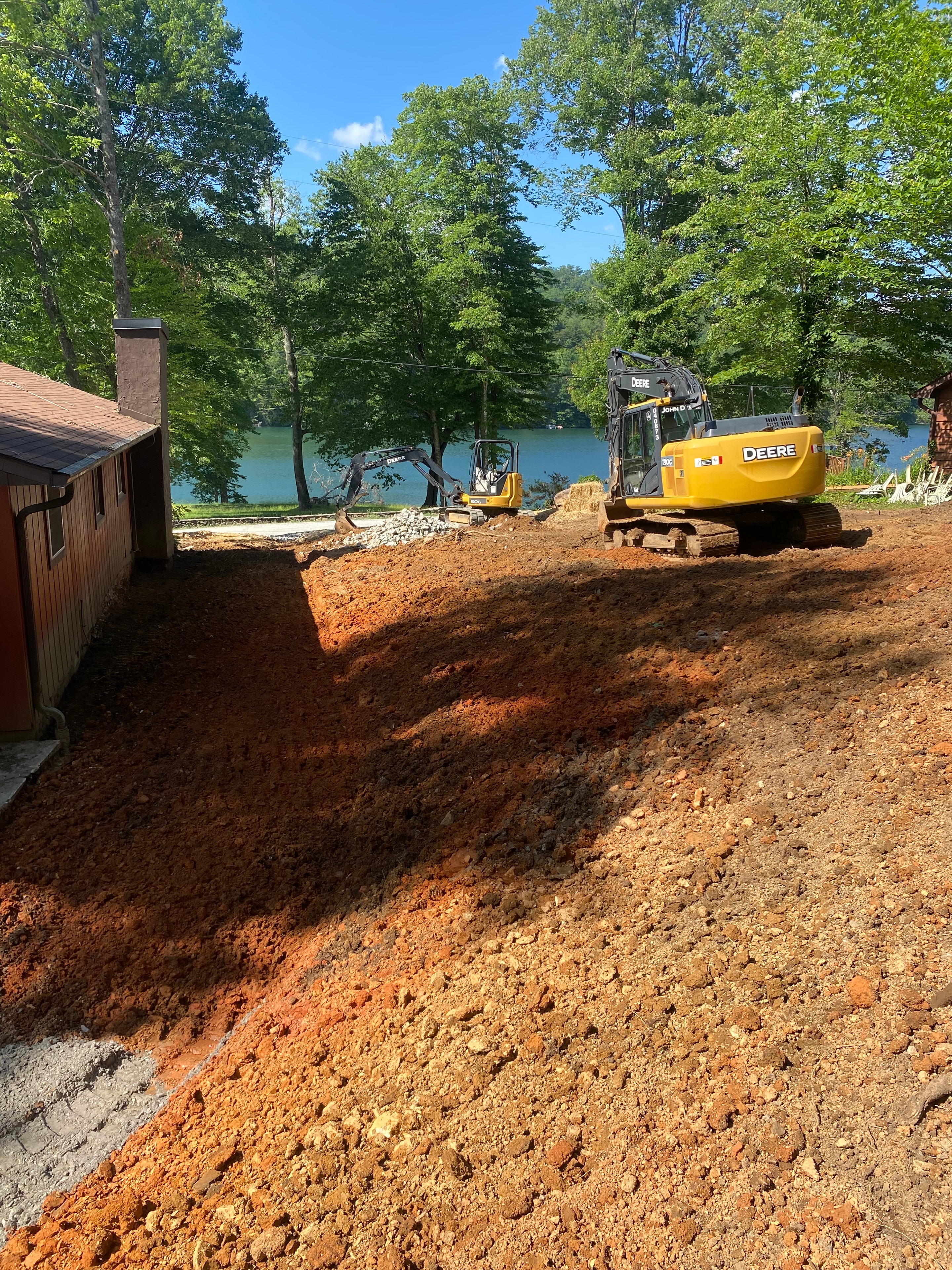 Excavators working lakeside construction site