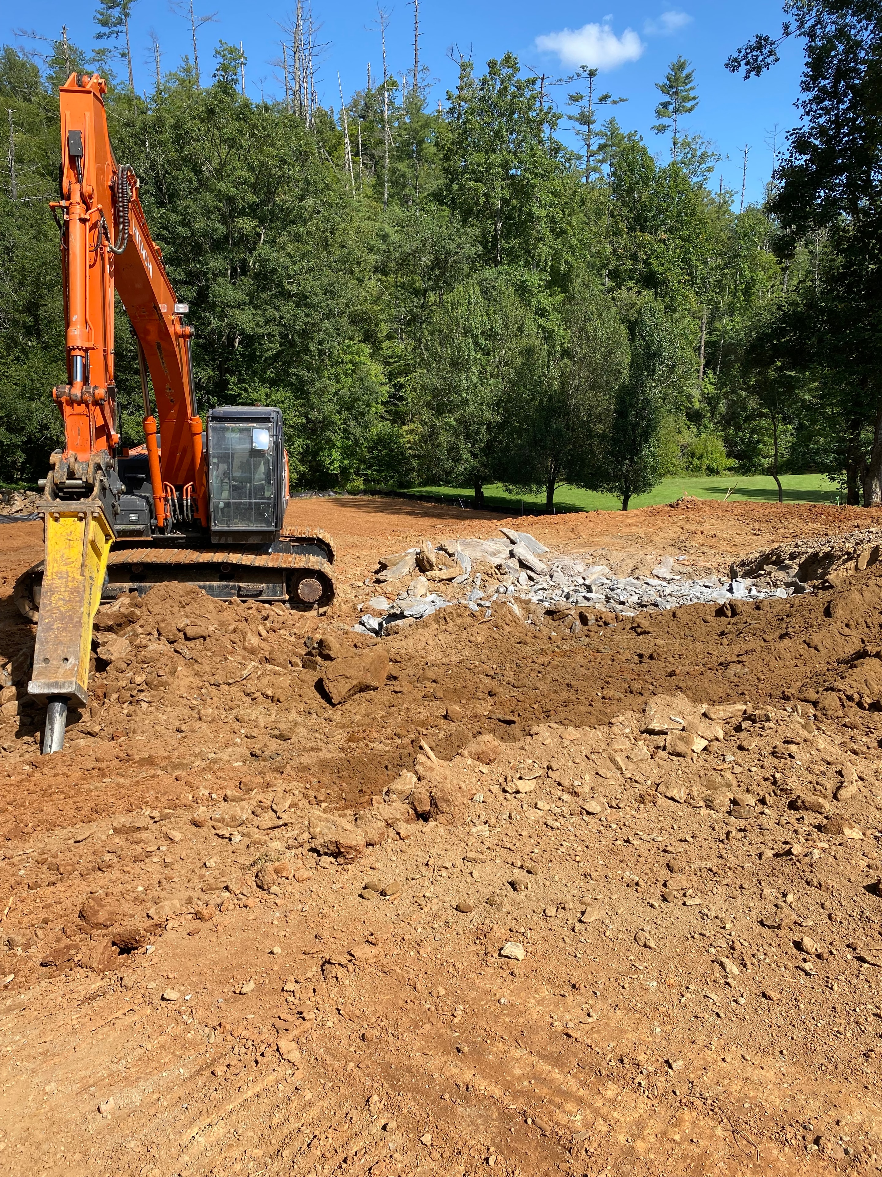 Orange excavator clearing forest land
