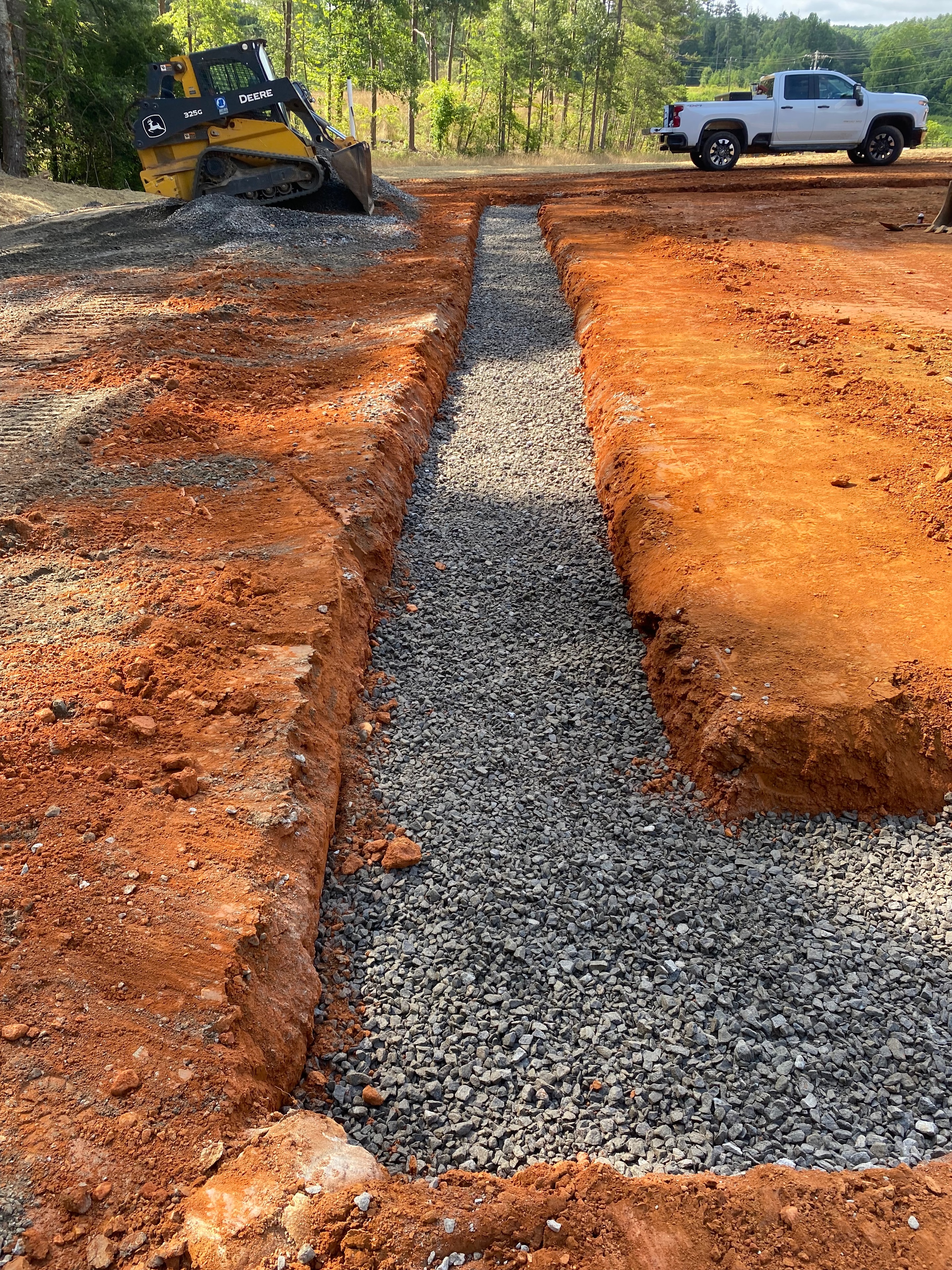 Road construction with gravel and excavator